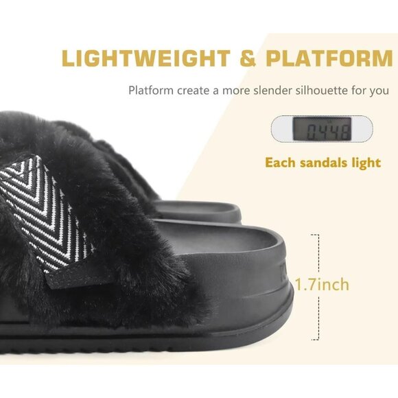 Women's Fuzzy Faux Rabbit Furry Fur Cross Band Arch Open Black Slippers Shoes - Picture 8 of 8